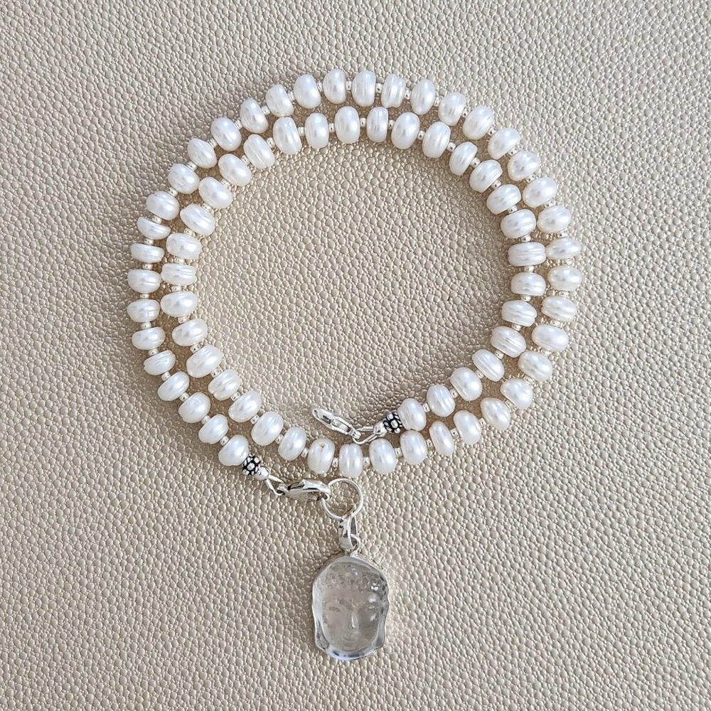 WHITE PEARL NECKLACE W/ BUDDHA PENDANT--18"